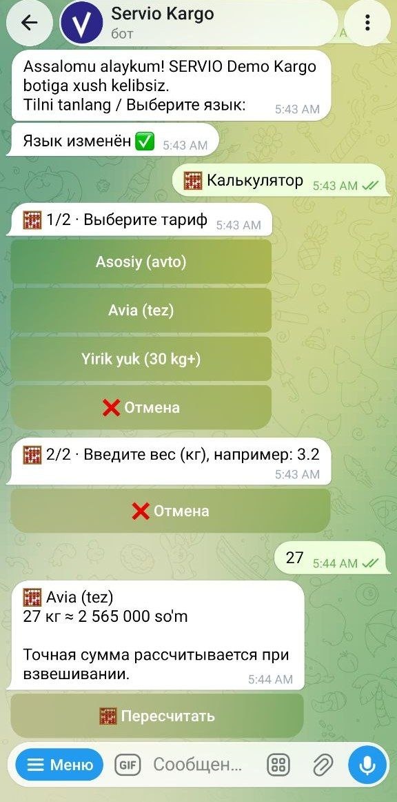 Telegram botdagi kalkulyator: tarif tanlash, vazn kiritish va taxminiy narx