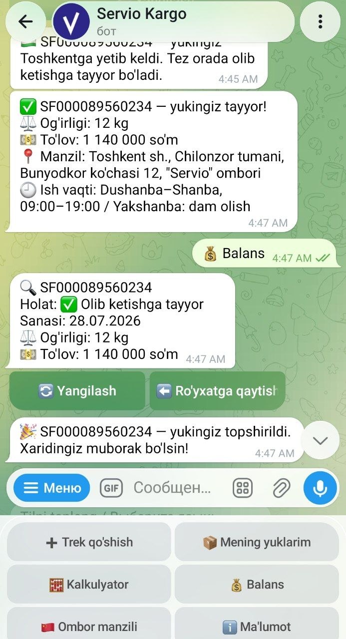 Telegram botdagi suhbat: yuk tayyor, og'irligi, to'lovi va olib ketish manzili